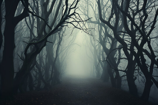 Misty forest in the evening. Spooky, Halloween concept.