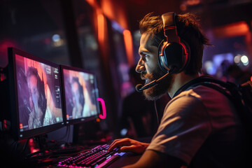 A gamer wearing a headset for immersive audio during gameplay. Generative Ai.