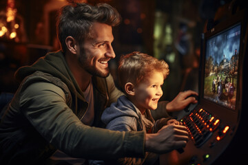 A parent teaching their child the basics of gaming. Generative Ai. - obrazy, fototapety, plakaty