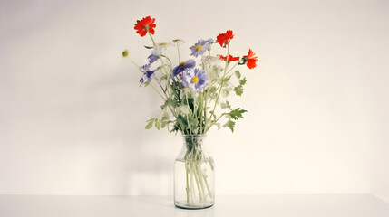 A bouquet of various flowers in a glass vase in white interior