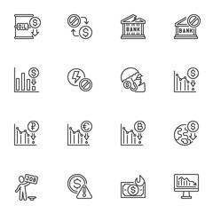 Financial crisis line icons set