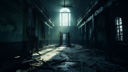 a creepy, abandoned asylum with broken windows and eerie shadows, 