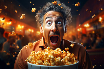 Mature adult man in glasses scared shocked or impressed two people with popcorn in hands. Enjoy watching horror movie or thriller in the cinema hall. Bright facial expression, human emotions concept - obrazy, fototapety, plakaty