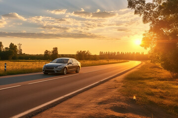 Fototapeta na wymiar car on asphalt road in countryside at sunset
