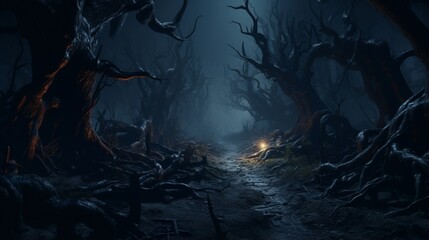 a haunted forest with twisted, gnarled trees and glowing eyes in the darkness, - obrazy, fototapety, plakaty