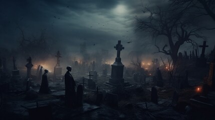 a haunted, misty graveyard with spectral figures rising from their graves,