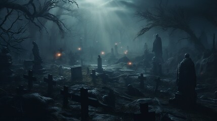 a haunted, misty graveyard with spectral figures rising from their graves, - obrazy, fototapety, plakaty