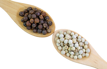 Spoons of White Peppercorns and Black Peppercorns on Transparent Background, PNG File