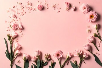 Obraz na płótnie Canvas Banner with flowers on a light pink background. Greeting card template for Wedding, Mother's, or Women's Day with copy space