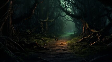 a shadowy, haunted forest path with eerie, glowing eyes peering from the underbrush,  - obrazy, fototapety, plakaty