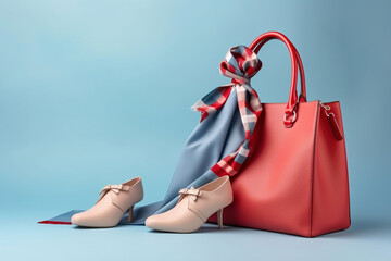 Women's bag, shoes and neckerchief. Fashionable women's things and accessories. Stylish red women's bag and shoes. Elegant women's clothes. - obrazy, fototapety, plakaty