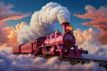 A pink train traveling through a cloudy blue sky. Smoke from the chimney of a retro locomotive. - obrazy, fototapety, plakaty