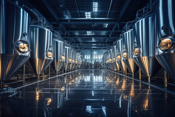 Fermentation mash vats or boiler tanks in a brewery factory. Brewery plant interior. Factory for the production of beer. Modern production of draft drinks. Selective focus. - obrazy, fototapety, plakaty
