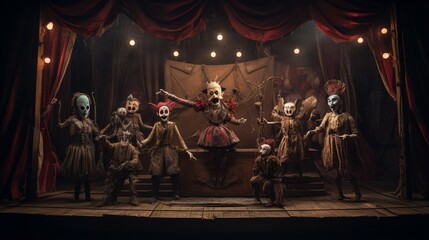 a sinister, haunted puppet theater with marionettes moving on their own, - obrazy, fototapety, plakaty
