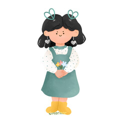 cute girl bring flower on green jumpsuit isolated on white