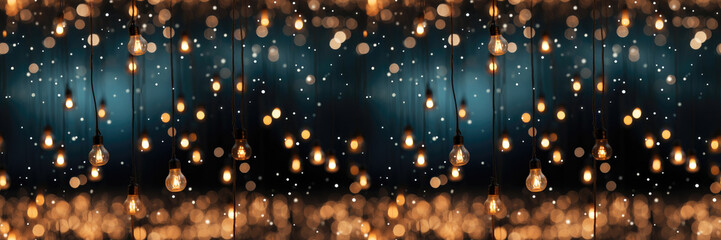 Fototapeta na wymiar Seamless. A wide-format festive background image with lightbulbs against a blurred background, creating an atmospheric and celebratory ambiance. Photorealistic illustration
