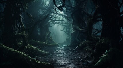 a spooky, fog-covered forest path with ghostly lights leading deeper into the woods,