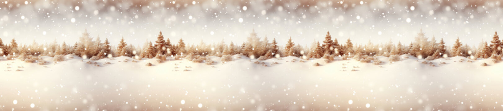 Seamless. A wide format winter background image featuring a serene snowy forest, capturing the tranquility and beauty of a winter landscape. Photorealistic illustration