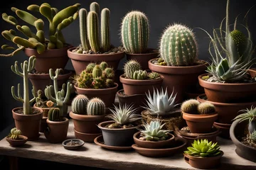 Deurstickers Cactus in pot The contemporary arrangement of a home garden is adorned with a diverse array of exquisite plants, including cacti, succulents, and air plants, all displayed in stylish pots.