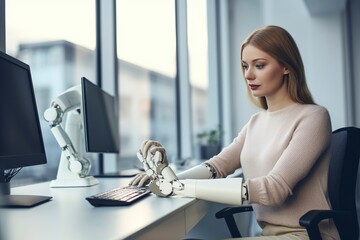 A woman works in her office, assisted by a robotic prosthetic arm. - obrazy, fototapety, plakaty