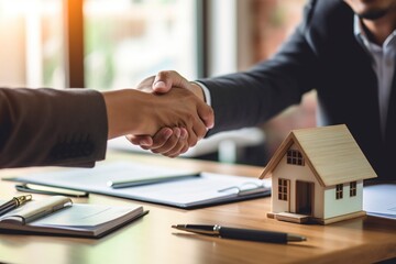 Agreement on the purchase of a home between real estate agent and buyer, real estate market. - obrazy, fototapety, plakaty