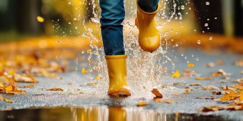 Detail, a child splashes and splashes water in a puddle after a rainy day, wearing wellies.