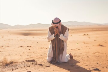 Muslim man praying, kneeling, in the Arabian desert.