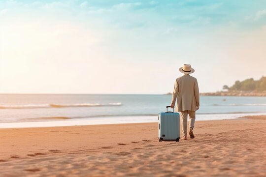 At the end of the summer vacation, a man carries his suitcase across the sand of the beach.