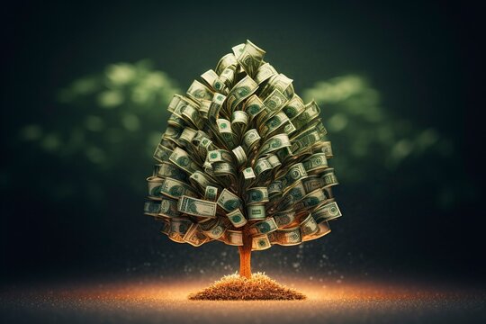 Christmas Tree Decorated With American Dollar Bills, Concept Of Abundance And Economic Wealth.