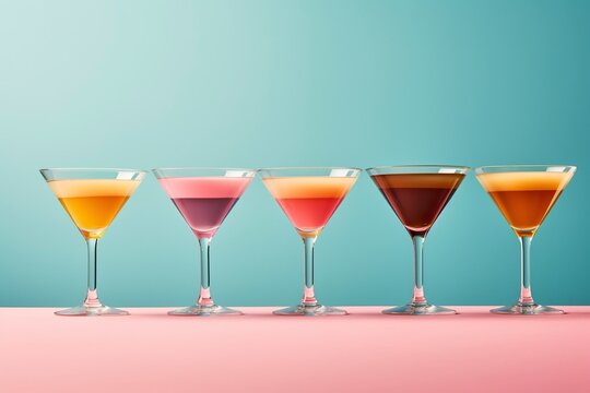 Glasses of alcoholic and non-alcoholic aperitifs, in a minimalist background and a counter.