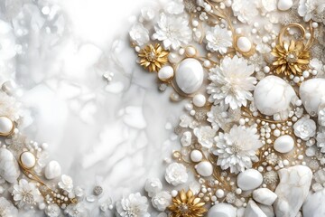 Wedding background with a white marble and granite texture and a gold-white enchanting floral jewelry