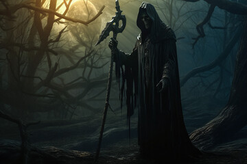 Grim Reaper in the dark moody forest with moon - obrazy, fototapety, plakaty