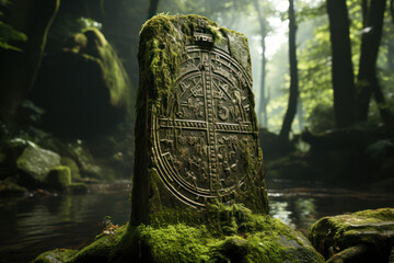 An ancient stone monument covered in moss and inscribed with cryptic symbols, representing the mysteries of ancient wisdom. Generative Ai.