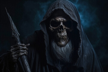Fototapeta na wymiar Close up portrait of the Grim Reaper holding spear