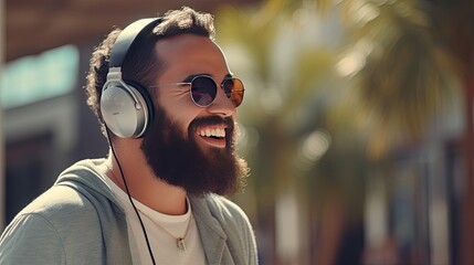 Smiling bearded man listening to music through wireless headphones - obrazy, fototapety, plakaty