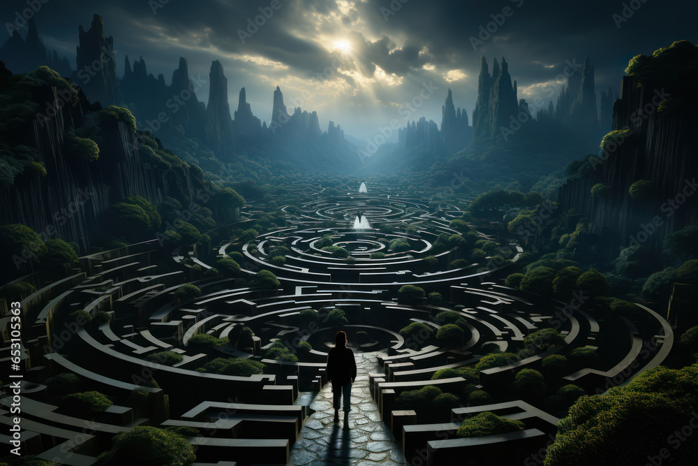 Poster A labyrinthine maze with a person navigating its twists and turns. Concept of the human journey and the pursuit of meaning. Generative Ai.