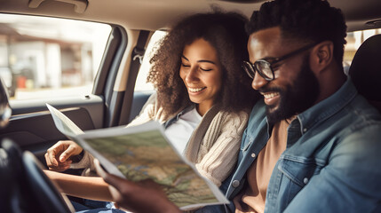 Happy young couple looking at the map and smiling on a roadtrip for directions - obrazy, fototapety, plakaty