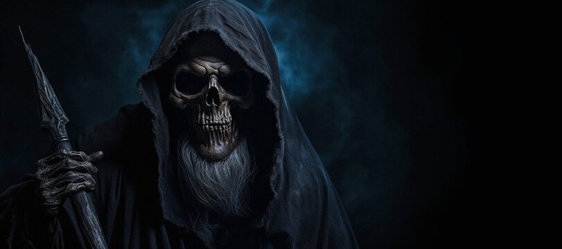 Close up portrait of the Grim Reaper holding a spear in the dark moody environment