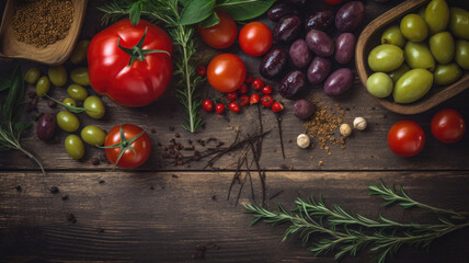 Top view of various vegetables on wooden background with copy space generative ai