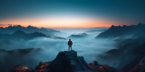 A Mountain Climber standing on top of a mountain looking at the horizon on a snowy landscape at sunset . Mountain Climber Conquering the Summit at Sunset - obrazy, fototapety, plakaty