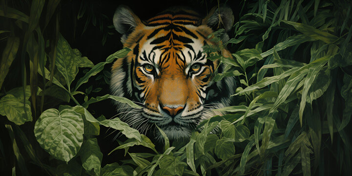 A close up tiger on a forest background 
