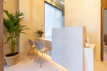 Entrance of a luxury clinic with plants and chairs