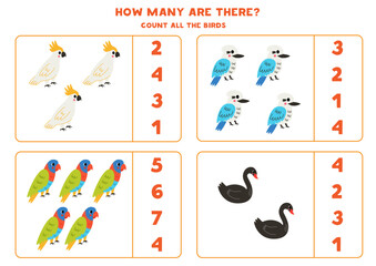 Count all Australian birds and circle the correct answers.