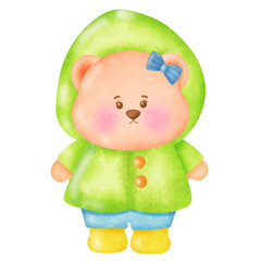 Teddy bear wearing a raincoat.
