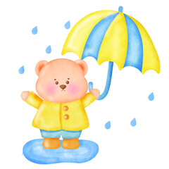 Teddy Bear Holding Umbrella in Rain.