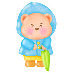 Teddy bear wearing a raincoat.