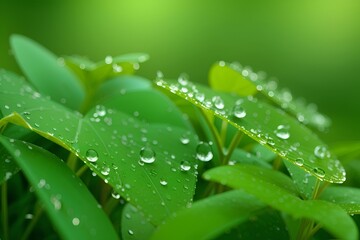 Naklejka premium Dew drops on green leaves of plants showing beauty of nature. Wet leaf macro or close up.
