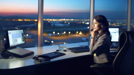 Fototapeta premium Diverse Air Traffic Control Working, Airport Towers, Navigation Screens, Airplane Departure Arrival Data, Flight Radar Controllers, computer navigation digital maps, runway background, Image blurred