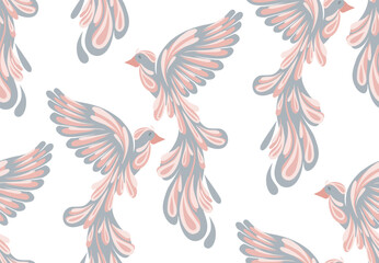 Seamless vector pattern with delicate stylized birds. Ornithological texture in pastel colors on a white background. Delicate background