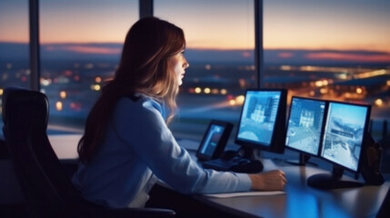 Diverse Air Traffic Control Working, Airport Towers, Navigation Screens, Airplane Departure Arrival Data, Flight Radar Controllers, computer navigation digital maps, runway background, Image blurred - obrazy, fototapety, plakaty